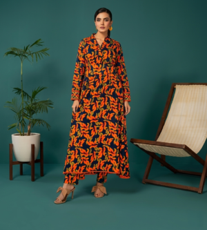 1 Unstitched 2-Piece Botanical Leaf Print Linen Lawn Suit (Navy Blue)