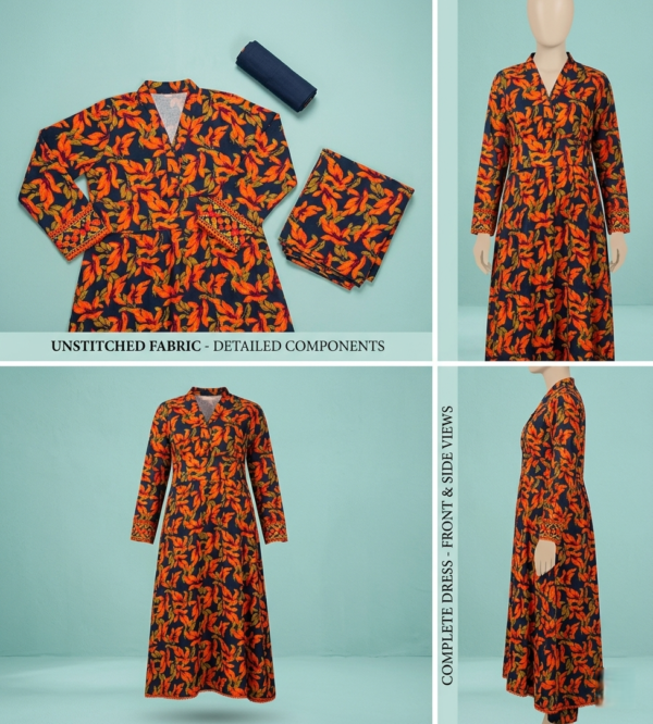 2 Unstitched 2-Piece Botanical Leaf Print Linen Lawn Suit (Navy Blue)