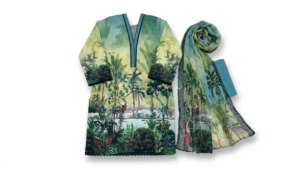 Image 1 Unstitched 3-Piece Luxury Printed Lawn Suit | Premium Cotton Trousers & Chiffon Dupatta (Green)