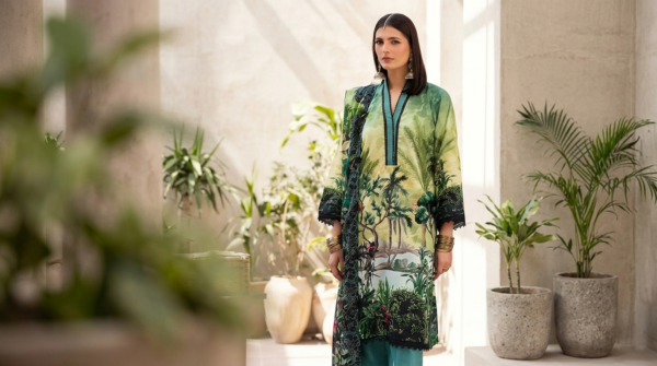 Image 2 Unstitched 3-Piece Luxury Printed Lawn Suit | Premium Cotton Trousers & Chiffon Dupatta (Green)