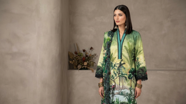 Image 3 Unstitched 3-Piece Luxury Printed Lawn Suit | Premium Cotton Trousers & Chiffon Dupatta (Green)