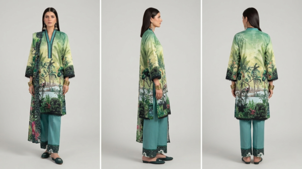 Image 4 Unstitched 3-Piece Luxury Printed Lawn Suit | Premium Cotton Trousers & Chiffon Dupatta (Green)