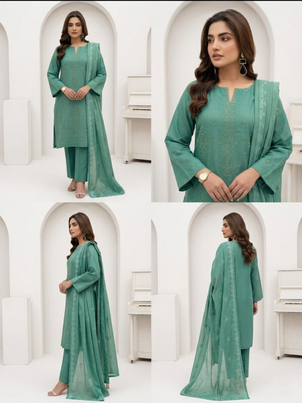 Teal Green Riwaj Collection Bajra Karandi Embroidered 3-Piece Unstitched Suit – Vol 414